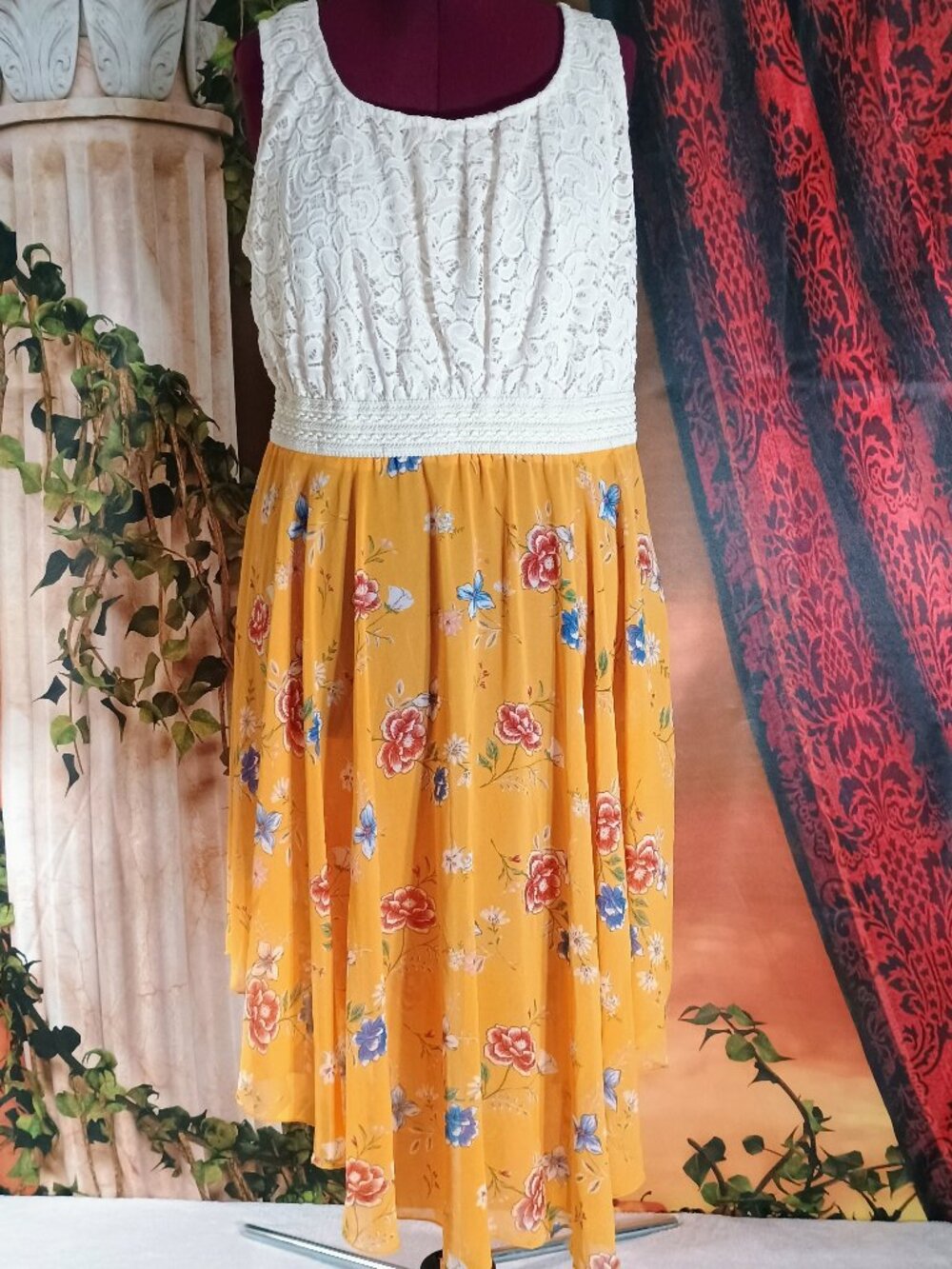 EUC Liberty Love 3XL Mustard Floral Lace Bodice Asymmetrical Hi-Low Maxi Dress